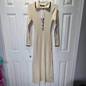 NWT Women’s Beige Ribbed Knit Collared Midi Dress | Size Small